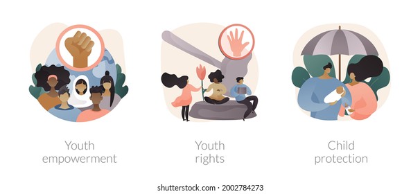 Young People Rights Protection Abstract Concept Vector Illustration Set. Youth Rights And Empowerment, Child Protection, Take Action, Improve Life Quality, Involvement, Voting Age Abstract Metaphor.