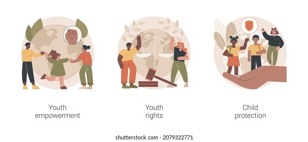 Young People Rights Protection Abstract Concept Vector Illustration Set. Youth Rights And Empowerment, Child Protection, Take Action, Improve Life Quality, Involvement, Voting Age Abstract Metaphor.