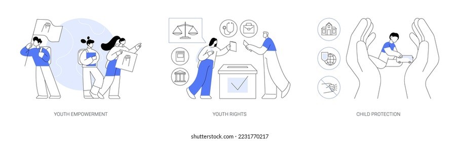 Young people rights protection abstract concept vector illustration set. Youth rights and empowerment, child protection, take action, improve life quality, involvement, voting age abstract metaphor.