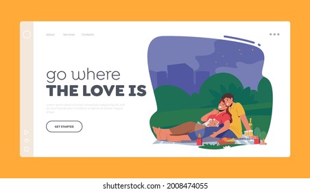 Young People Romantic Relations, Meeting Landing Page Template. Romance Date. Happy Couple Characters Dating Outdoors at Night, Drinking Champagne, Declaration of Love. Cartoon Vector Illustration