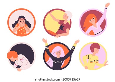 Jóvenes en ventanas redondas que se comunican entre sí. Conjunto de 6 avatares. Ilustraciones vectoriales de dibujos animados aisladas.