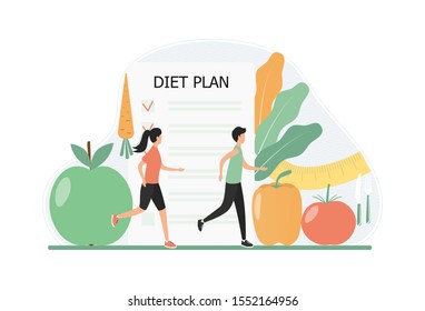 Young people run, do fitness, follow a diet. Diet plan, nutritionist tips, weight control, fruit and vegetable dishes. Healthline nutrition concept organic diet. Vector flat illustration.