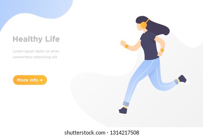 young people running and enjoy the music landing page background illustration