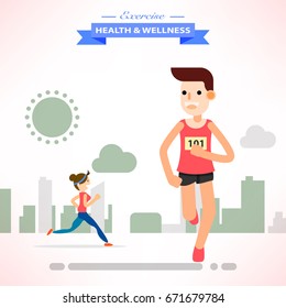 young people running jogging for marathon race individual sport. Flat character city run training. Happy lifestyle. vector illustration design.