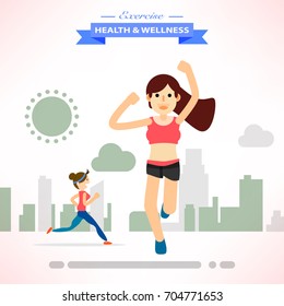 young people running jogging for marathon race individual sport. Flat character city run training. Happy lifestyle. vector illustration design.