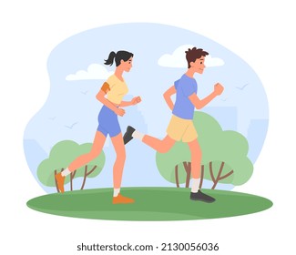 Young people running. Man and girl in city park, fitness and active lifestyle. Athletes in training and sportsmans preparing for marathon. Weekend on nature. Cartoon flat vector illustration