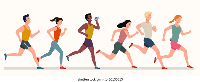 Young people running marathon. Vector flat style illustration