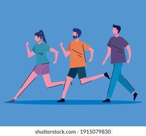 young people running and walking characters vector illustration design