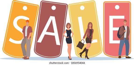 Young people rush to the sale.Discounts and discount coupons large package and wallet as a symbol of retail.Flat vector illustration.