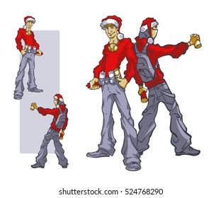 Young people in the Santa clause hat with paint for graffiti. Christmas or New year concept, greeting card or poster. Vector clipart on white background