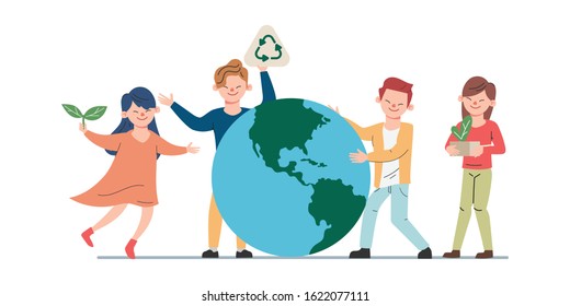 Young People Save The Planet Promoting Concept. Save World Background Animation Cartoon.