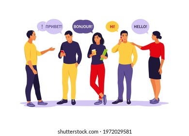 Young people saying hello in different languages. Students with speech bubbles. Communication, teamwork and connection concept. Vector illustration. Flat.