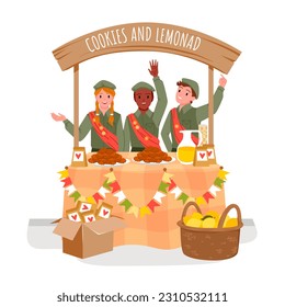 Young people sell traditional cookies and fresh lemonade at charity market vector illustration. Cartoon happy boys and girl standing at small marketplace stall