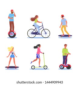 Young people set. Character riding on scooter and bicycle, standing on hoverboard. Idea of modern technology. Active outdoor lifestyle. Vector illustration in cartoon style