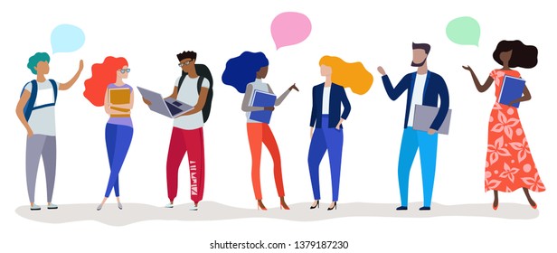 Young people set, students with backpacks and gadgets. Style office workers with laptops. Group friends are talking. Concept art of conversation. Vector isolated illustration.