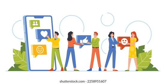 Young People Share Likes in Social Networks. Male and Female Characters Chat through Internet Sites, Use Modern Remote Communication Devices and Social Media Services. Cartoon Vector Illustration