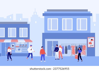 Young people in shopping district vector illustration. Street with modern boutiques and customers visiting them. Shopping, sale concept