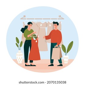 Young people shopping. Man and woman in clothing store. Characters choose their outfits. Stylish image creation, fashion. Regular customers near fitting room. Cartoon flat vector illustration