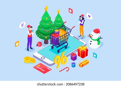 Young people are shopping online with a giant smartphone on Christmas Sale day. Christmas tree, Snowman, Shopping cart, and gift boxes. Isometric Vector Illustration