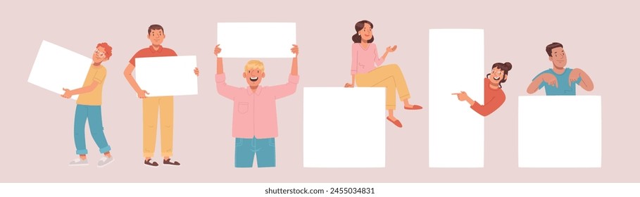 Young people show empty posters. Men and women look out and point, carry and demonstrate the place for the inscription. Vector illustration in flat style