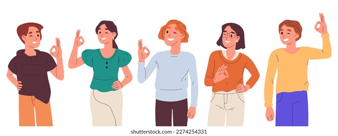 Young people show okay sign. Character with positive gesture. Winking friends body language flat cartoon vector illustration set