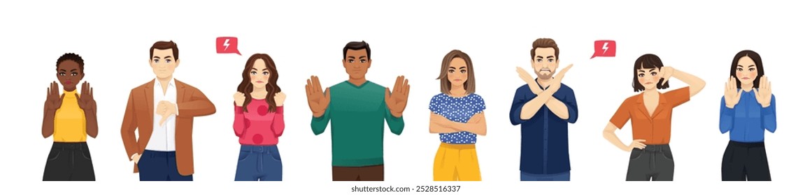 Young people showing negative emotions with different gestures set. Crossed arms, stop palms, thumbs down. Vector illustration isolated on white background