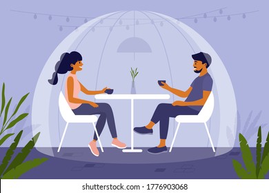 Young People Sit At Cafe Under Safety Dome And Drink Coffee Or Tea. Couple Have Dinner Together In Isolation Sphere. Social Distancing In Restaurant. Romantic Date During Pandemic Vector Illustration