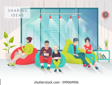 Young People Sit On Bean Bag With Different Gadgets And Exchange Ideas. Discussion And Chilling. Modern Flat Vector Illustration