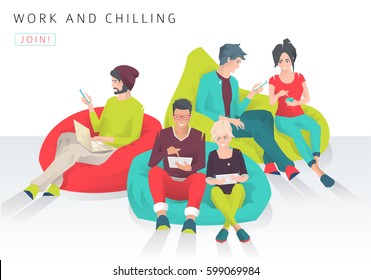 Young People Sit On Bean Bag With Different Gadgets And Exchange Ideas. Discussion And Chilling. Modern Flat Vector Illustration