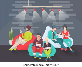 Young people sit on bean bag with different gadgets and exchange ideas. Discussion and chilling. Modern flat vector illustration