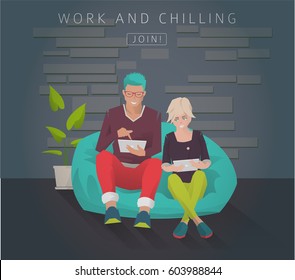 Young people sit on bean bag with different gadgets and exchange ideas. Discussion and chilling. Modern flat vector illustration