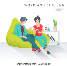 Young people sit on bean bag with different gadgets and exchange ideas. Discussion and chilling. Modern flat vector illustration