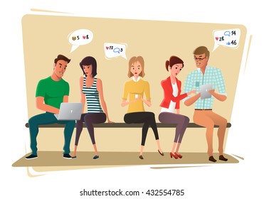 Young people sit and use different devices. Funny cartoon characters scene. Flat design, vector illustration