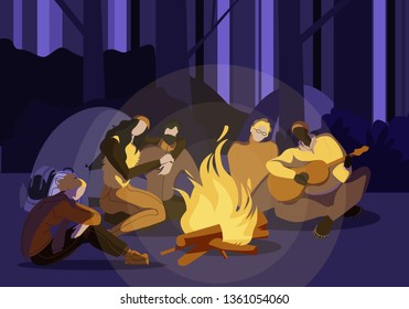 Young People Sitting Around Campfire at Night Time in Forest, Singing Songs, Playing Guitar. Tourists Company in Summer Camp. Friends Have Leisure Together. Traveling. Cartoon Flat Vector Illustration