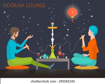 Young people are sitting around table in hookah lounge and telling stories. Weekend and recreation. Flat vector illustration.