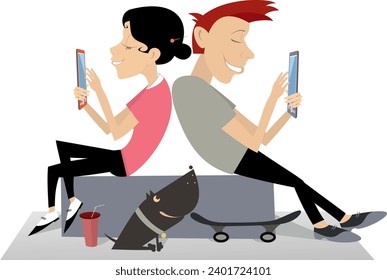Young people sitting back to back and using smartphones.
Modern life. Communication. Young people sitting back to back and using smartphones
