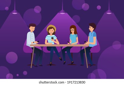 Young people sitting in cafe, chatting and watching the smartphones. Vector illustration in Flat style. People in a nightclub or bar