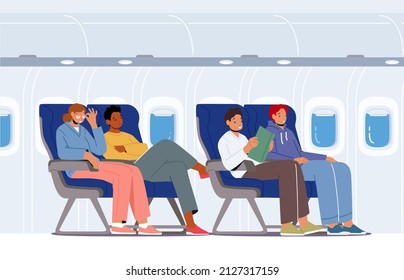 Jóvenes sentados en cómodos asientos de avión leyendo libro, relajante, durmiendo durante el vuelo, pasajeros hombres y mujeres viajan en avión, servicio de transporte aéreo. Ilustración del vector de dibujos animados