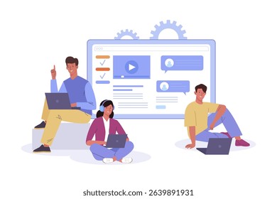 Young people sitting in difference pose using laptop for work or study. Concept of online distance education, E-learning by webinar training, video lecture. Flat cartoon vector illustration
