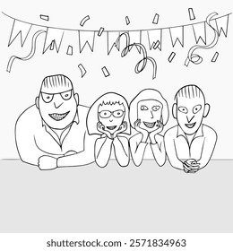 Young people are sitting at the festive table and looking ahead. A company of people is having fun. Serpentine, flags. Cartoon black and white vector illustration.