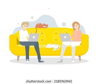 Young people sitting with laptop, Freelance work at home relaxing on sofa with cats, Digital marketing illustration.