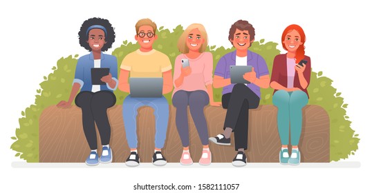 Young people are sitting on a bench with gadgets. Students use laptops, smartphones and tablets for study. Internet addiction. Vector illustration in cartoon style