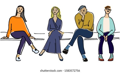 Young people sitting on a bench vector illustration. Audience concept. Waiting concept. On a lesson, conference, training course, in a line