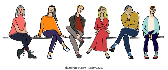 Young people sitting on a bench vector illustration. Audience concept. Waiting concept. On a lesson, conference, training course, in a waiting room