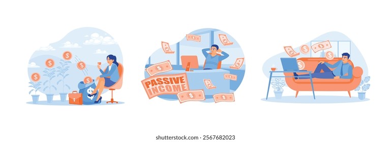 Young people sitting on a chair. Money comes from the computer. Online earnings. Passive income concept. Set flat vector illustration.