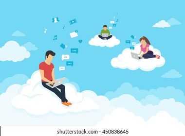 Young people sitting on the clouds in the sky using laptop and typing messages to friends. Flat modern illustration of working, social networking, elearning and texting using cloud storage