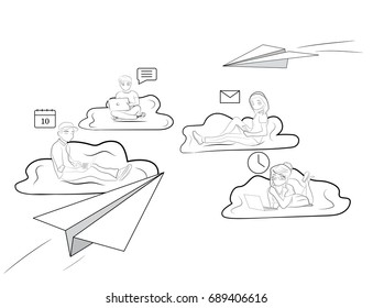 Young people are sitting on the clouds with laptops and gadgets. The concept of communicating in the network and saving data in the cloud. vector illustration.