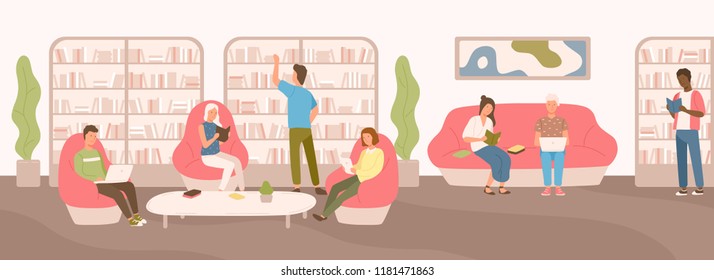 Young people sitting on comfy sofa and in armchairs studying and reading at public library. Flat cartoon men and women surrounded by shelves and racks with books. Modern colorful vector illustration.