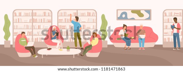 Young people sitting on comfy sofa and in\
armchairs studying and reading at public library. Flat cartoon men\
and women surrounded by shelves and racks with books. Modern\
colorful vector\
illustration.