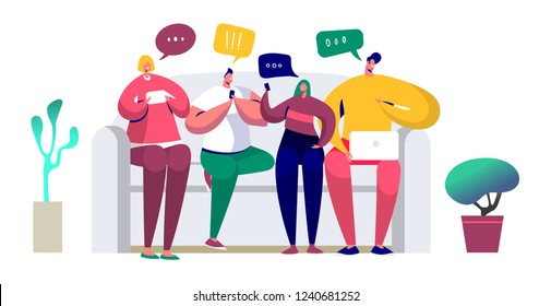 Young people sitting on the couch and writing messages in chat using smartphone, computer, laptop. Friends chat via mobile phone, texting via messenger app and sending sms. Vector illustration